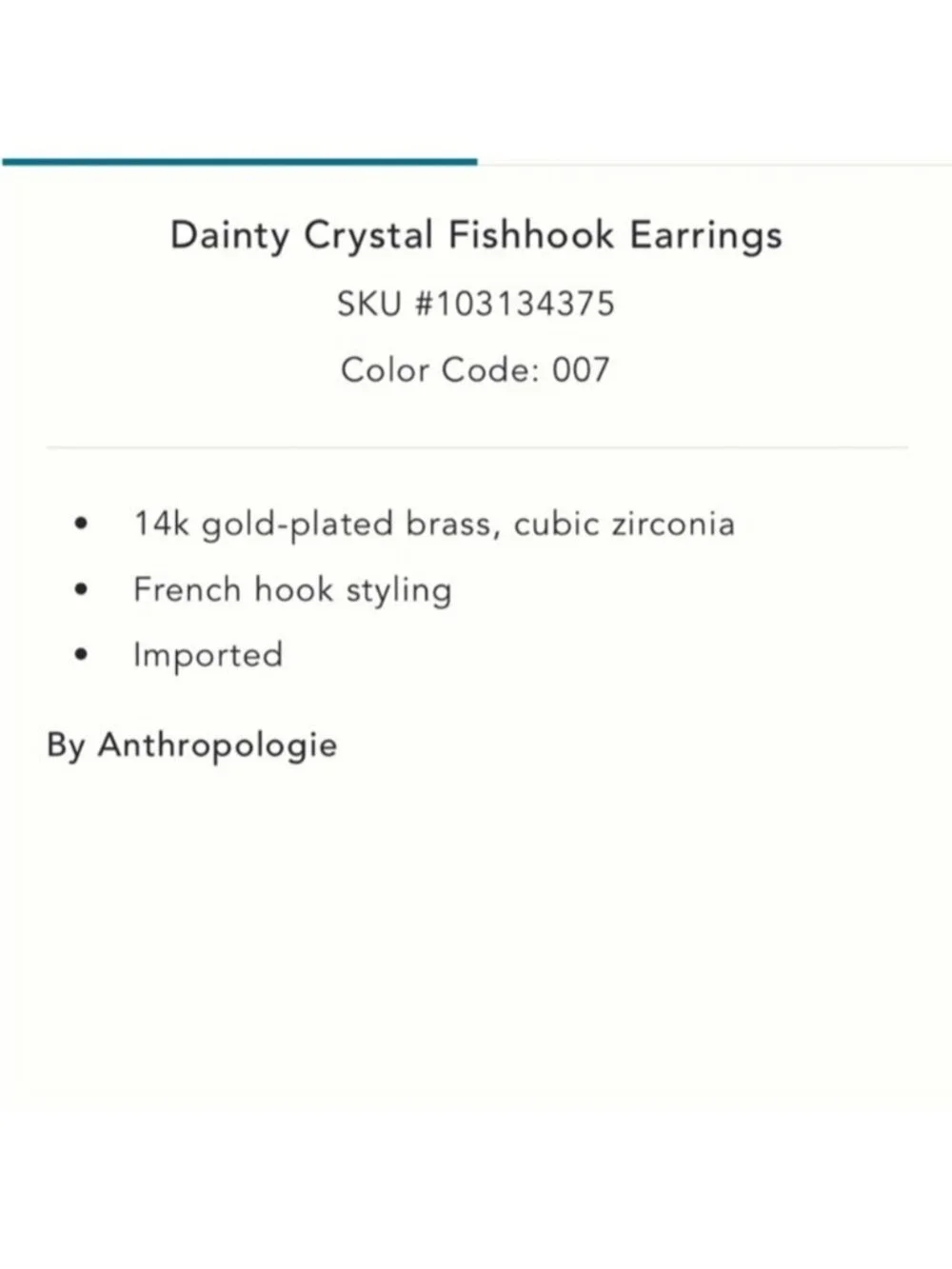 Timeless! Anthropologie 14K Gold Plated Silver Dainty Fish Hook Earrings NWT